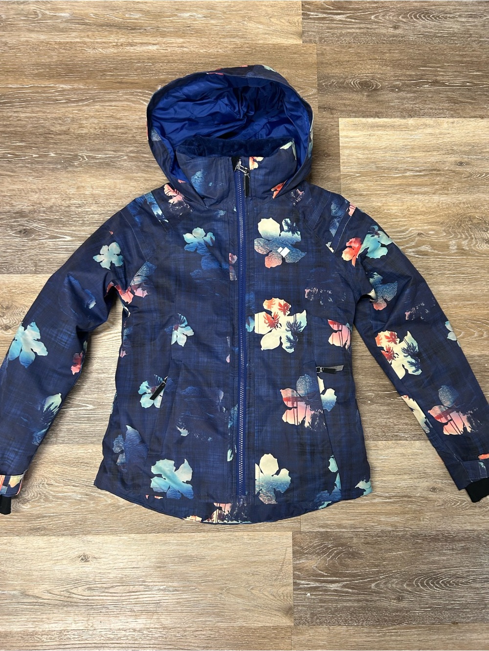Obermeyer Navy Floral Attached Hood Ski Snowboard Jacket Girls Teen Medium